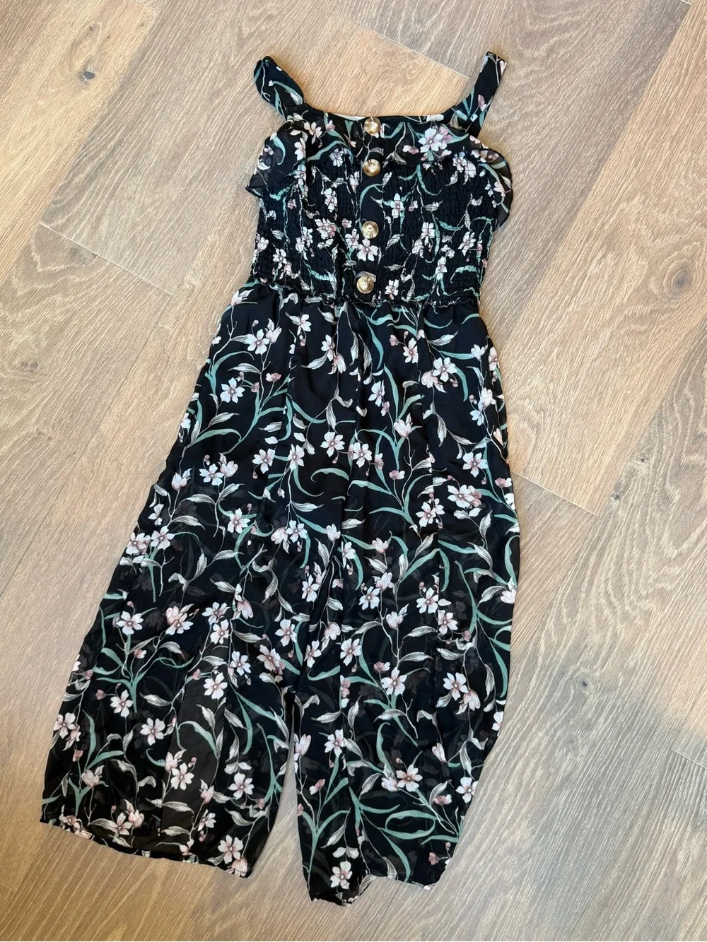 Black Floral Button-Front romper pants suit